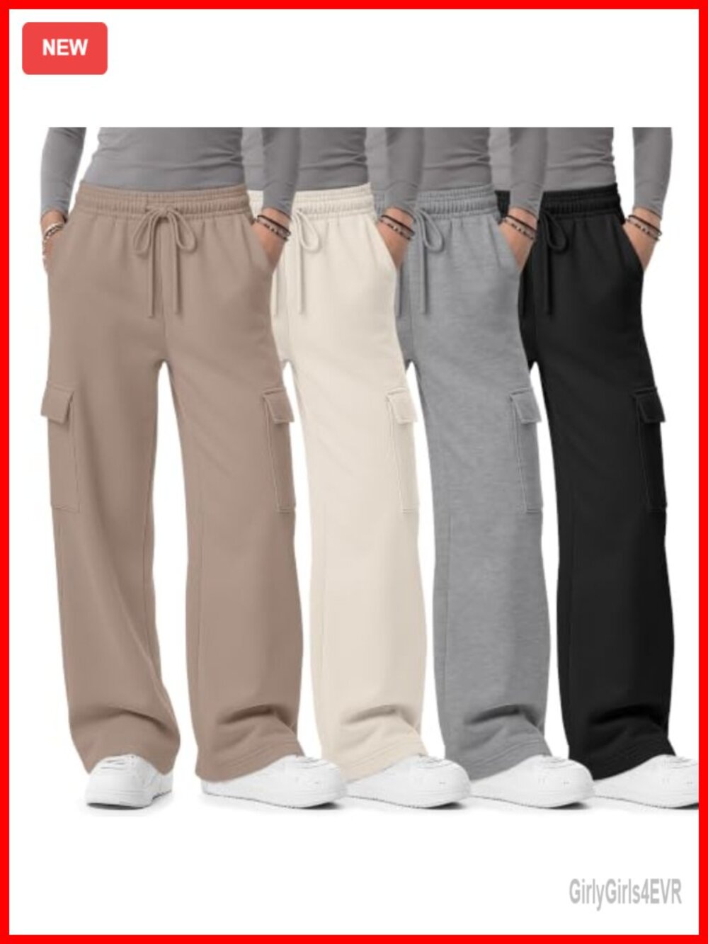 Girls Cargo Sweatpants 4 Pack Wide Leg Baggy Pockets Drawstring
